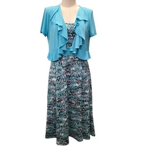Perceptions Aqua and Black Patterned Dress w/ cardigan
